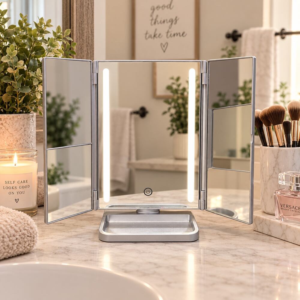 ULTA Silver Tri-Fold LED Lighted Vanity Mirror with Magnification & Storage